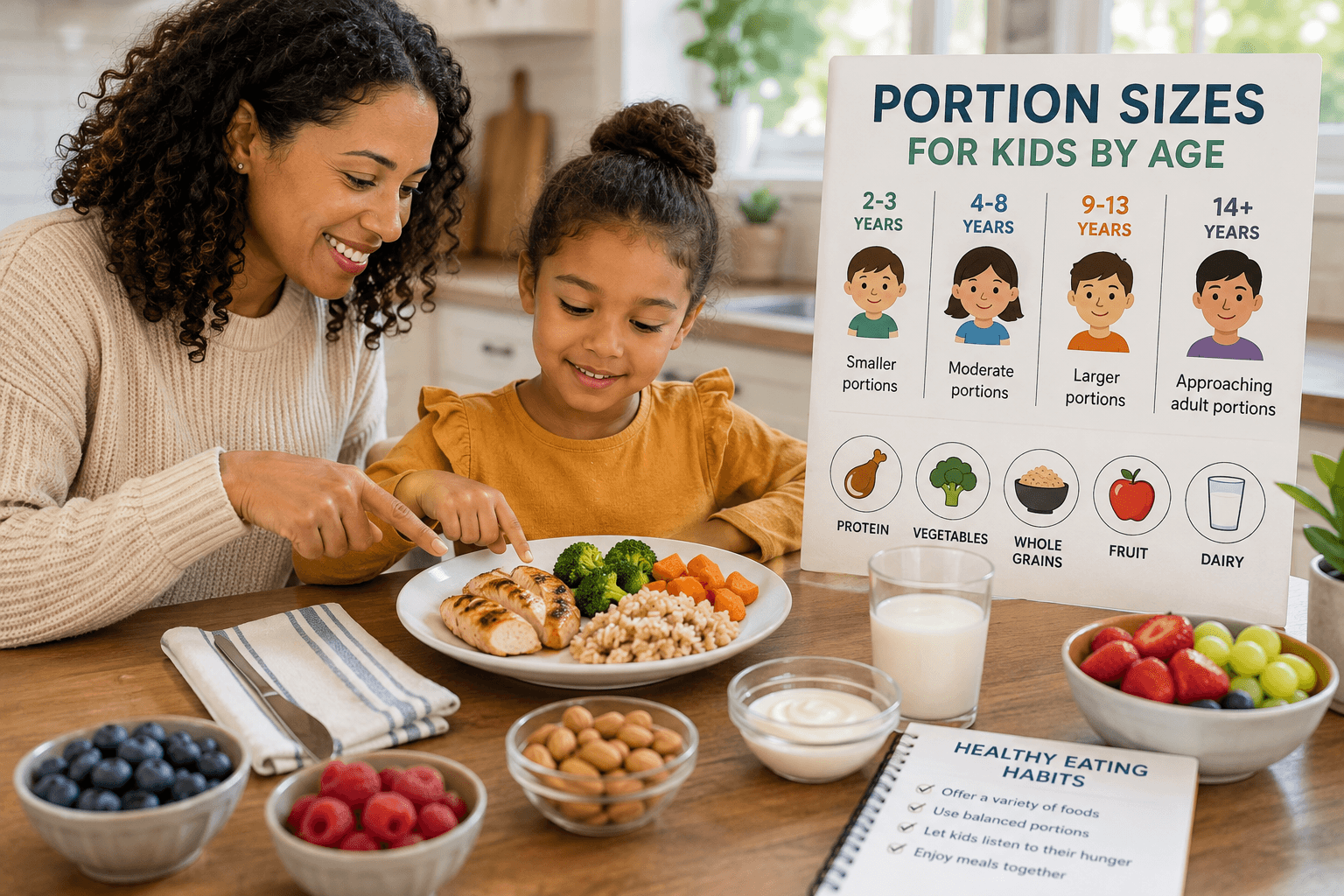 A mother and daughter at a kitchen table pointing at a plate of chicken, broccoli, carrots and grains, beside a poster titled Portion Sizes for Kids by Age