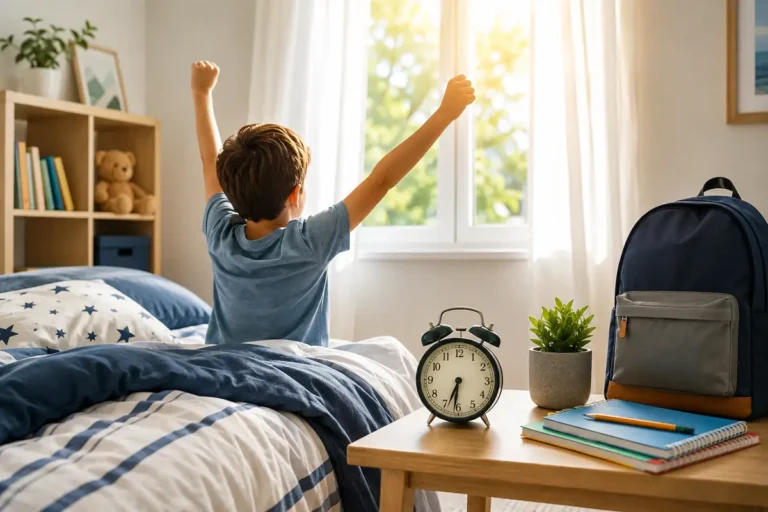 A school-age child stretching awake in bed in natural morning light, with an alarm clock and a packed school backpack nearby