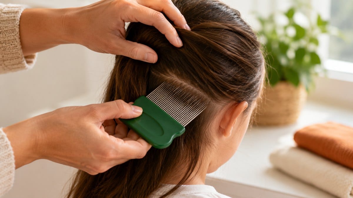 A parent parting a child's hair with a fine-toothed nit comb to check for head lice