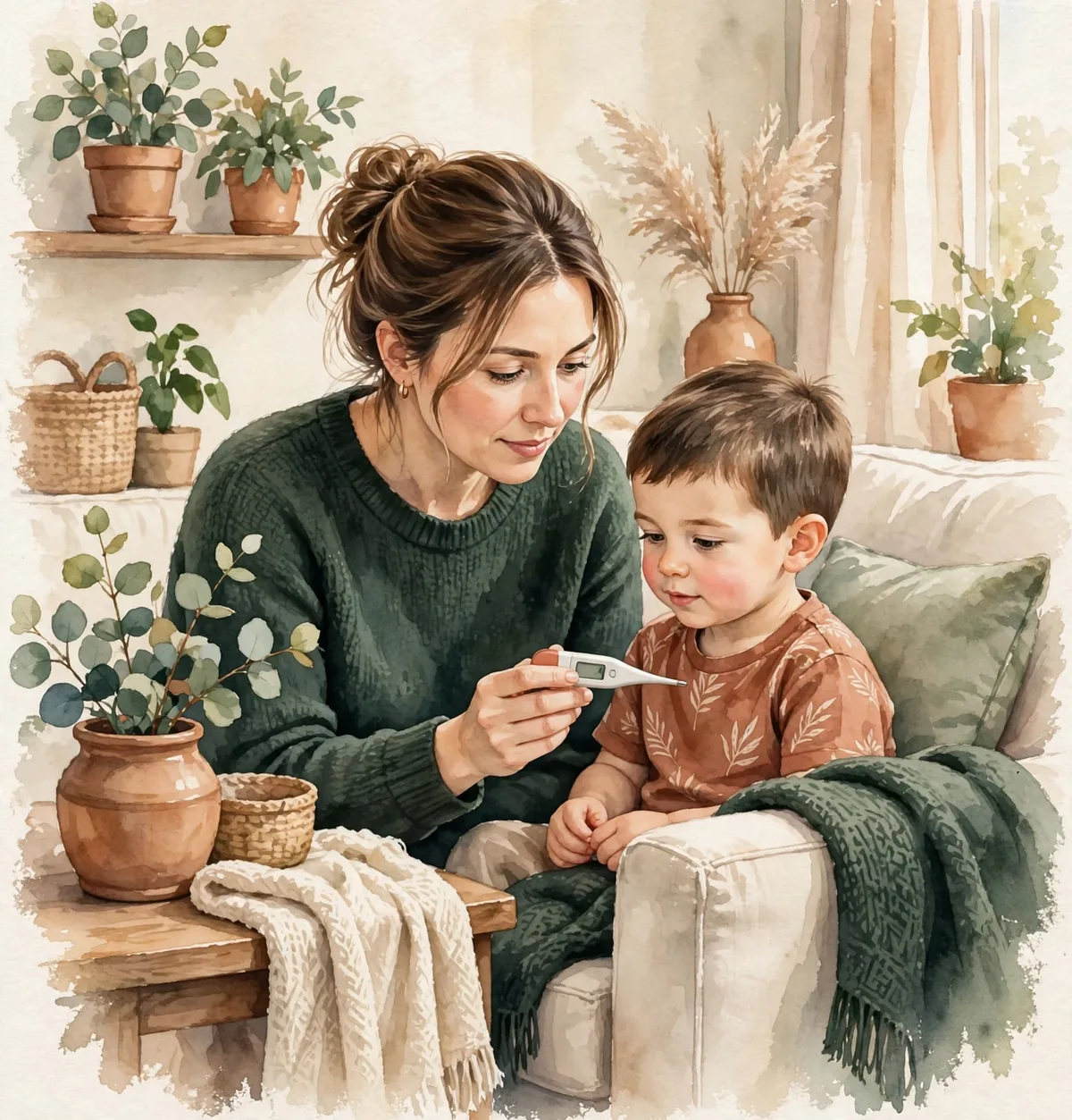Mother holding a digital thermometer beside her young son on a sofa, cozy home watercolor illustration