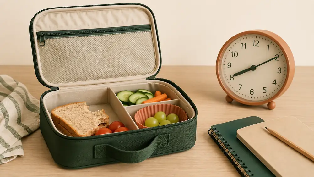 An open insulated lunch bag packed with a sandwich, cucumber, carrots and fruit, keeping perishable food cold until lunchtime