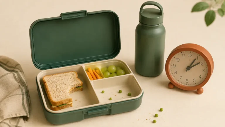 An open school lunchbox returned home with a partly eaten sandwich, leftover crumbs and an empty compartment, beside an alarm clock