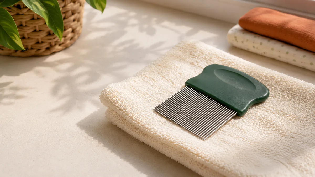A fine-toothed nit comb resting on a folded towel in natural light