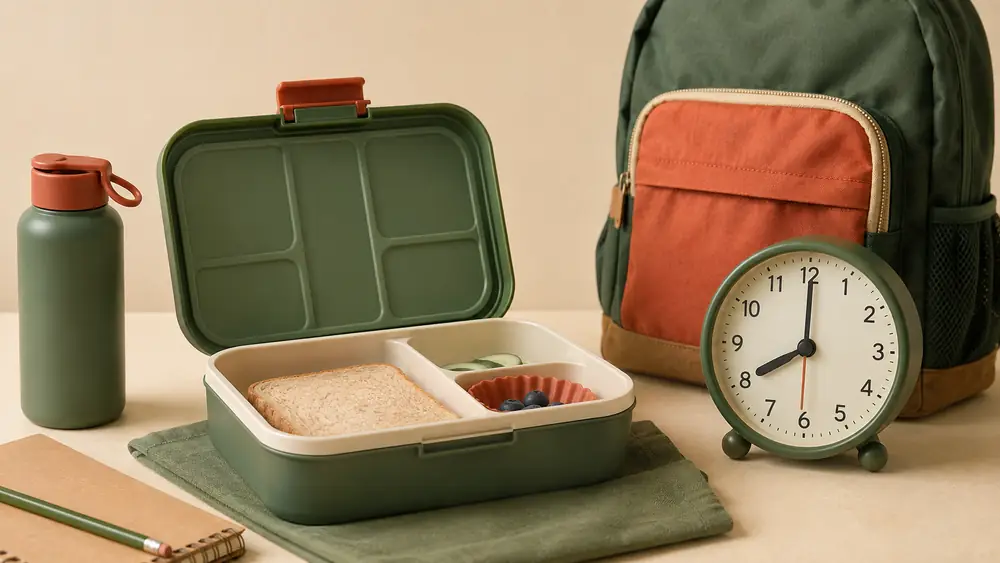 A packed school lunchbox beside a clock, illustrating how little seated time children may actually have to eat lunch
