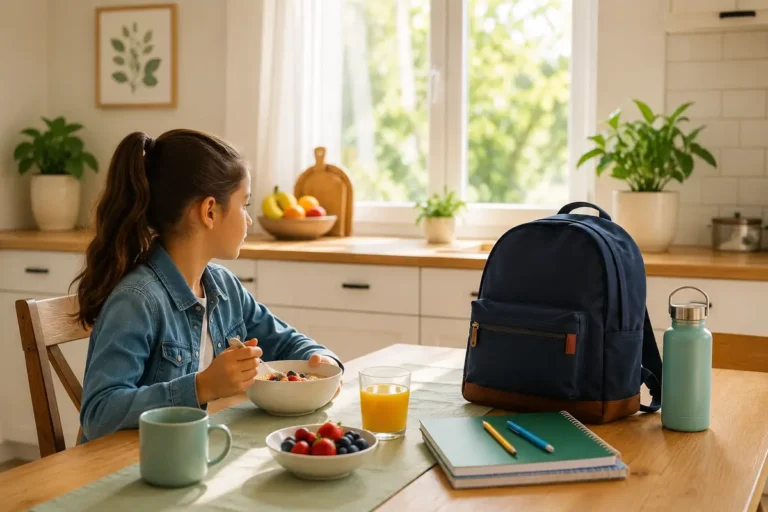 A child eating a simple breakfast at a sunlit kitchen table with a packed school backpack, water bottle, and notebooks ready beside her