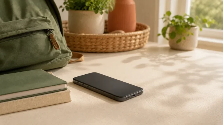 A powered-off phone placed away from a school backpack and books on a sunlit table