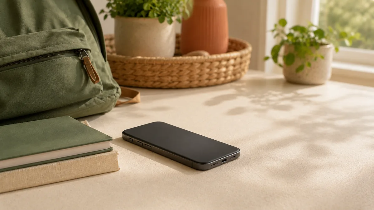 A powered-off phone placed away from a school backpack and books on a sunlit table