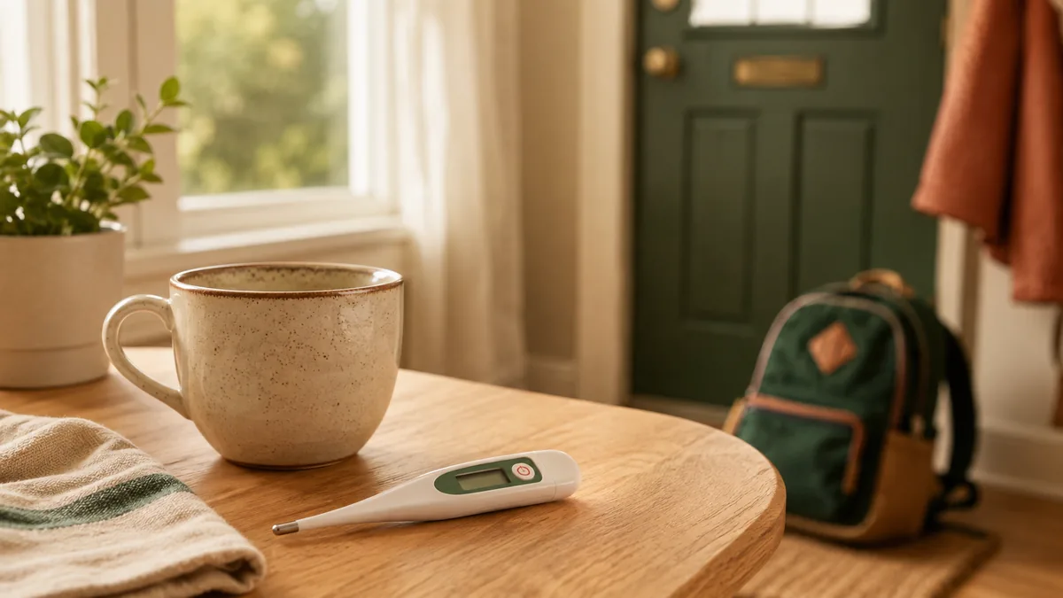 A digital thermometer and mug on a kitchen table, with a school backpack by the front door
