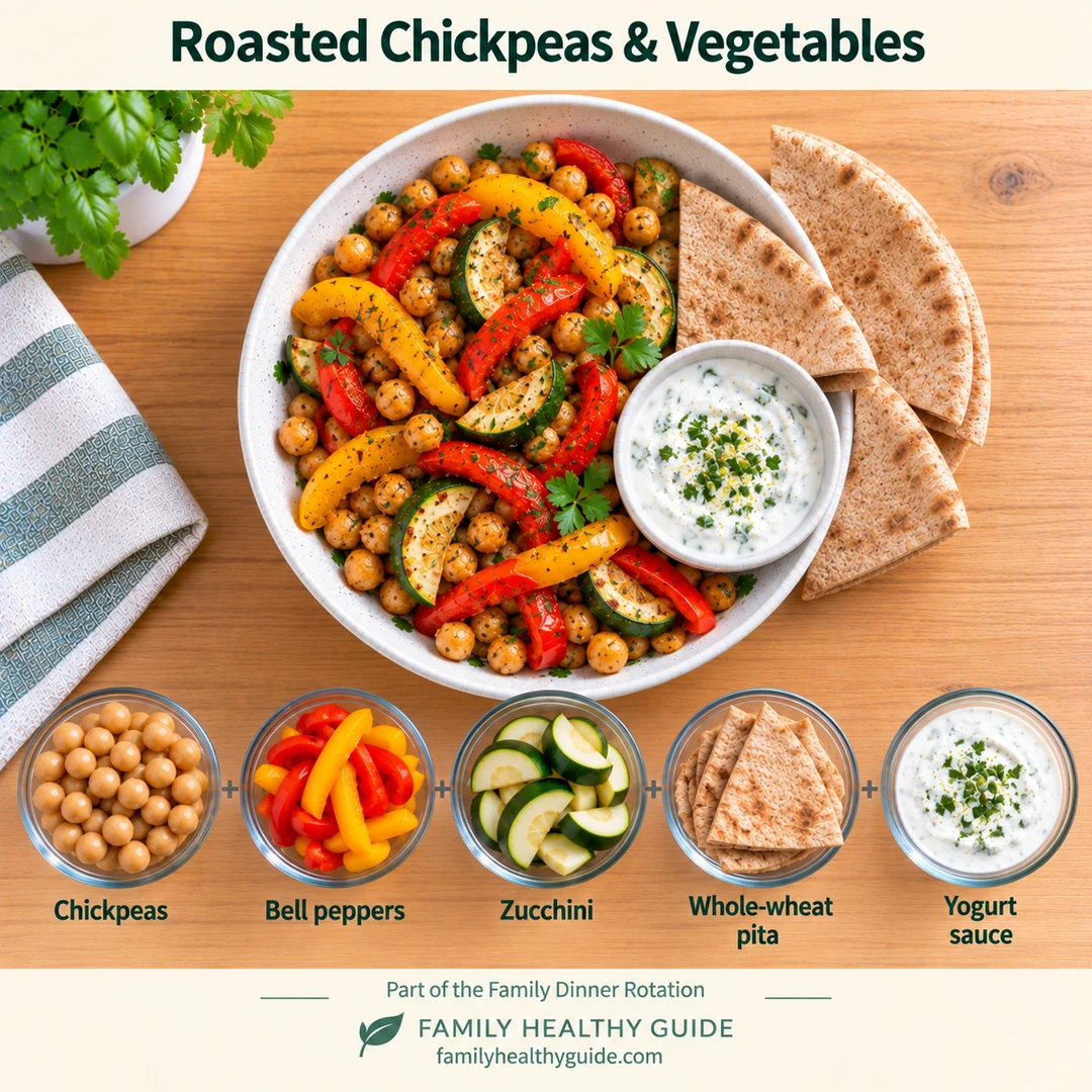 Roasted chickpeas and vegetables with their five ingredients: chickpeas, bell peppers, zucchini, whole-wheat pita and yogurt sauce