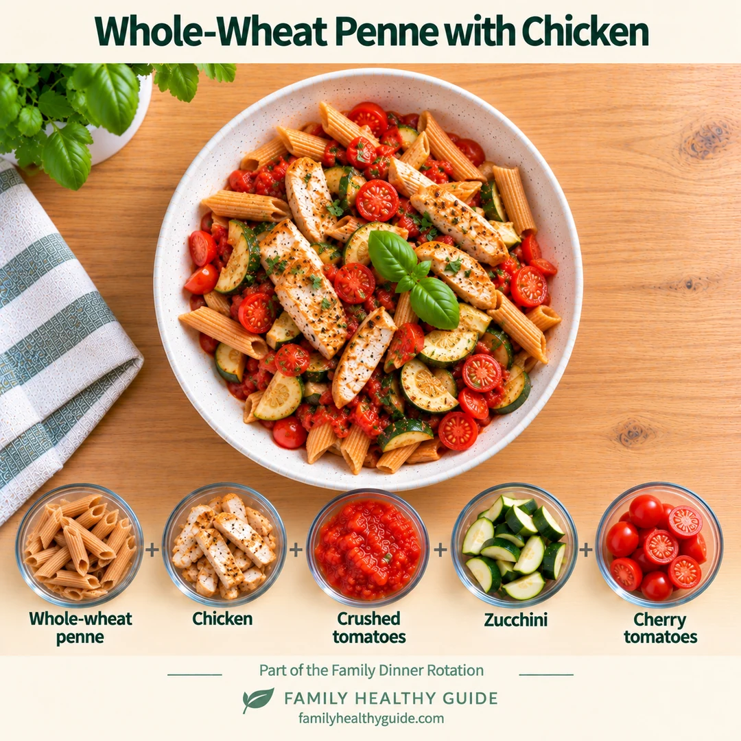 Whole-wheat penne with chicken and its five ingredients: penne, chicken, crushed tomatoes, zucchini and cherry tomatoes