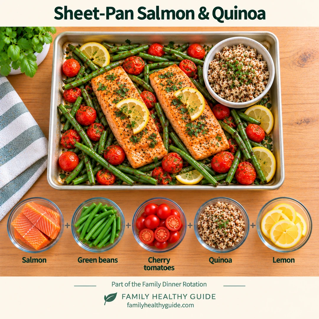 Sheet-pan salmon with its five ingredients: salmon, green beans, cherry tomatoes, quinoa and lemon