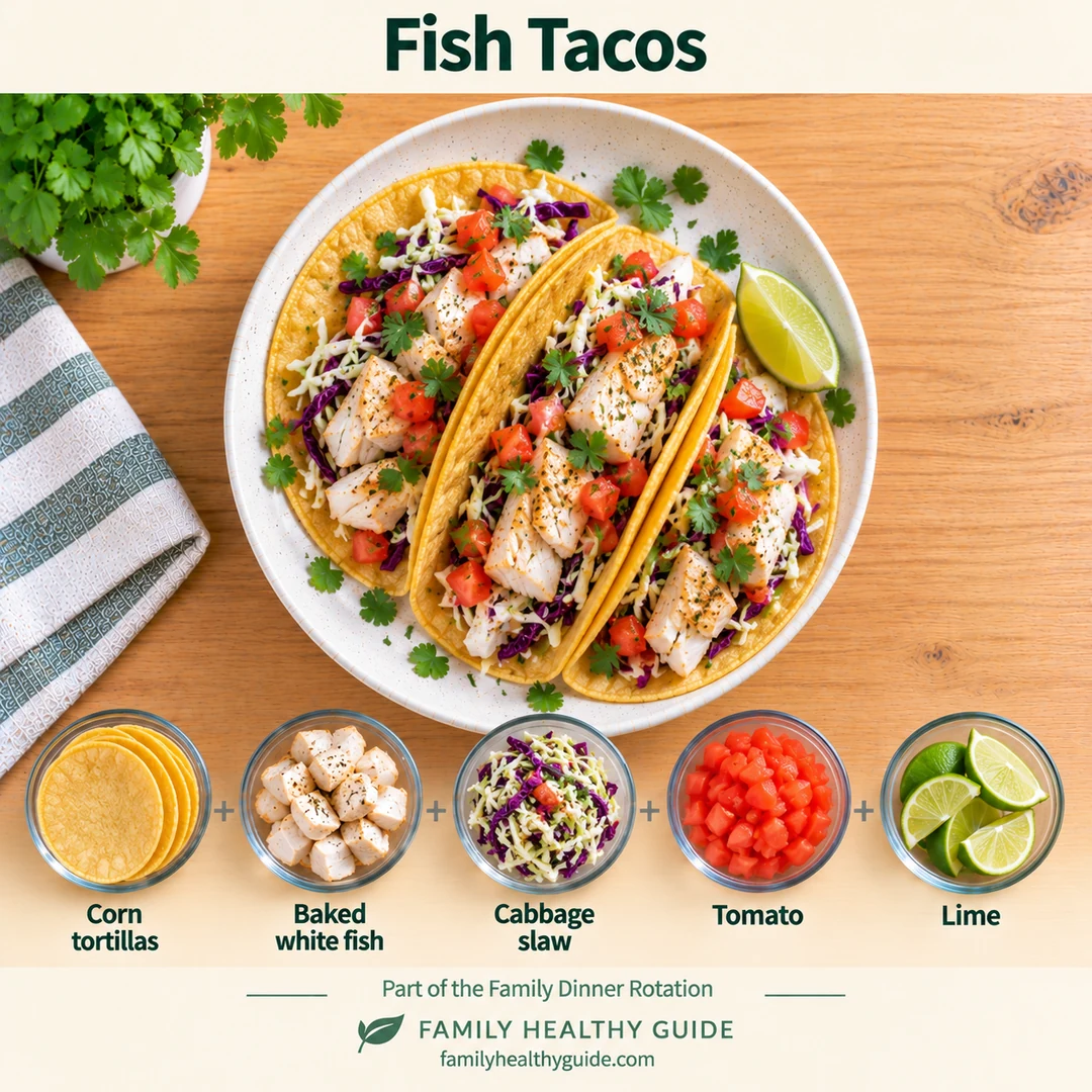 Fish tacos with their five ingredients: corn tortillas, baked white fish, cabbage slaw, tomato and lime