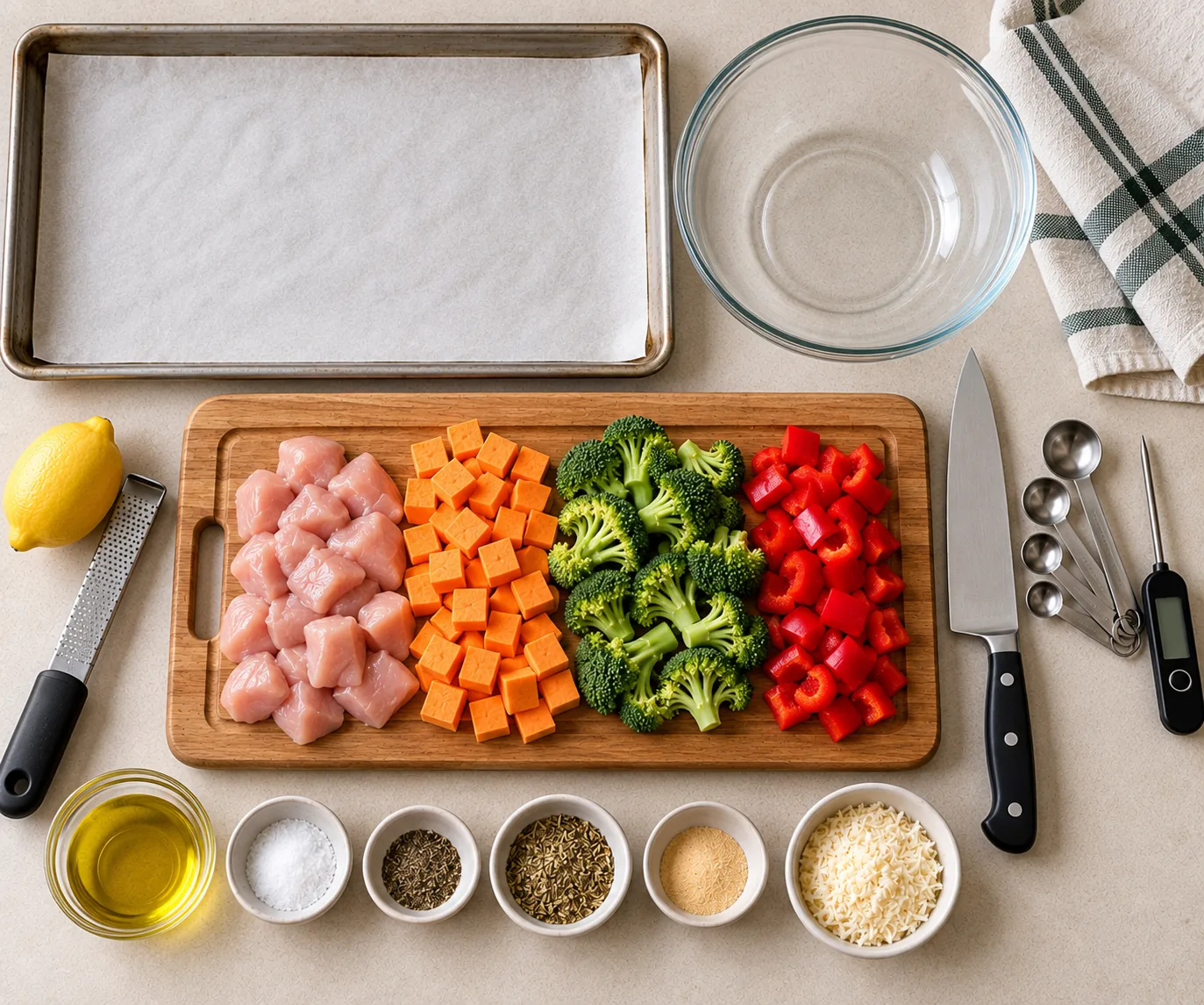Ingredients laid out for the recipe: raw chicken chunks, diced sweet potato, broccoli florets, and red bell pepper on a cutting board, with small bowls of olive oil, salt, black pepper, Italian seasoning, garlic powder, and grated parmesan, a lemon with a zester, a lined sheet pan, and a food thermometer