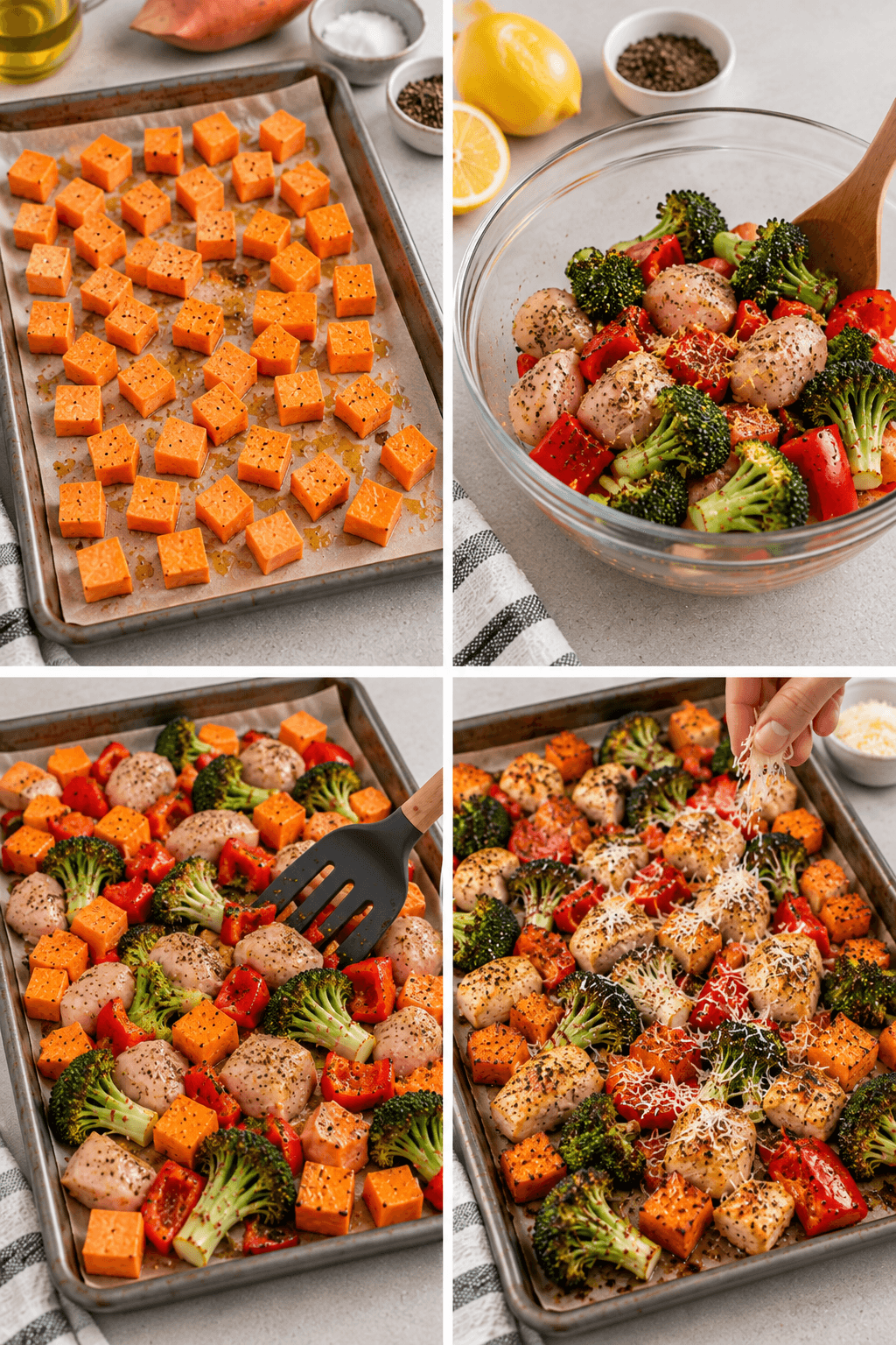 Four stages of the recipe: seasoned sweet potato cubes on a lined sheet pan; raw chicken, broccoli, and red pepper tossed in a bowl with lemon and seasoning; everything spread together on the pan; parmesan sprinkled over the finished dish