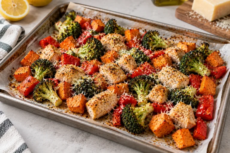 Sheet pan with roasted chicken chunks, sweet potato cubes, broccoli, and red bell pepper, sprinkled with parmesan