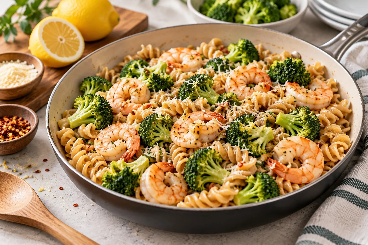 Skillet of whole-wheat rotini with shrimp, broccoli florets, and shredded parmesan, with lemon and red pepper flakes beside the pan