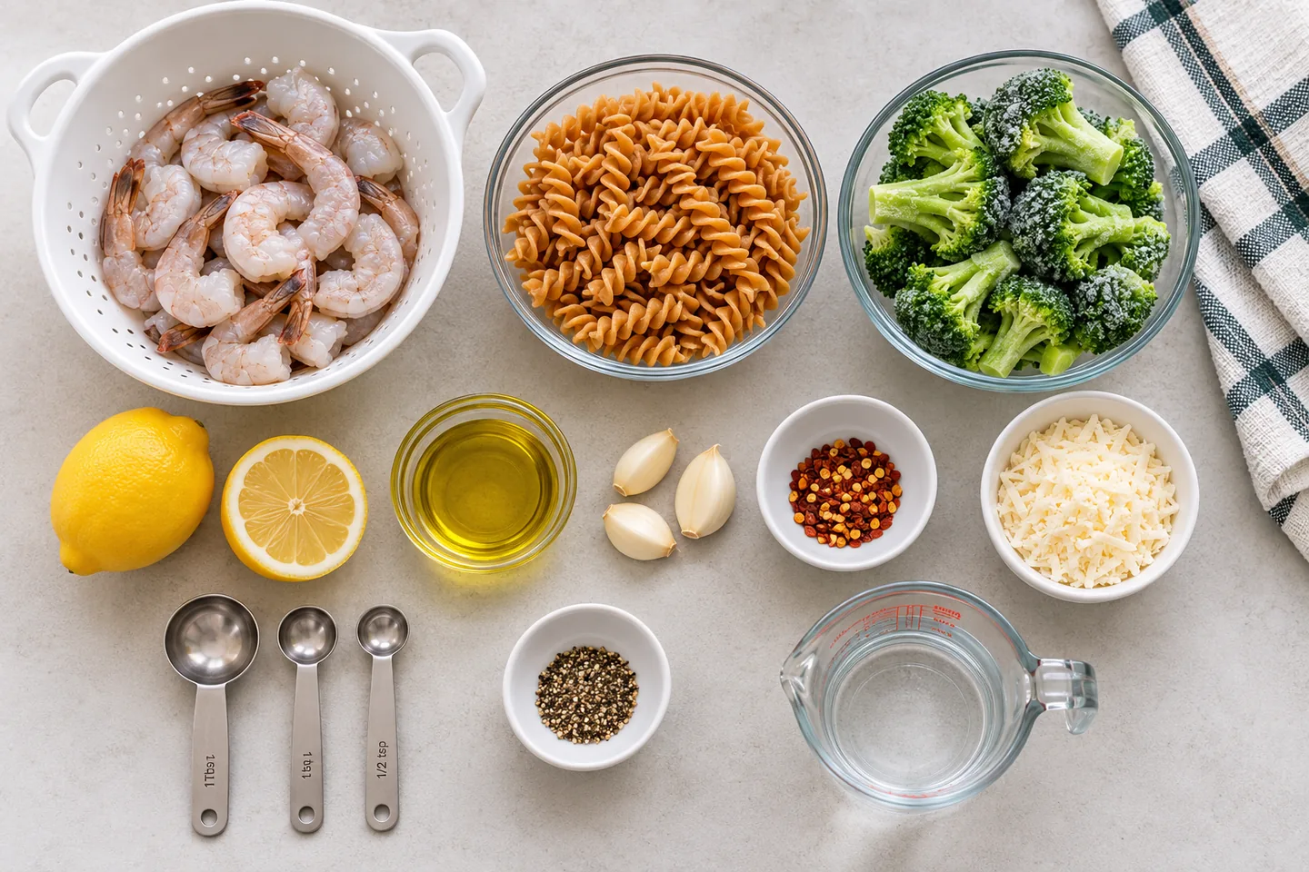 Ingredients for the recipe: raw shrimp in a colander, whole-wheat rotini, frozen broccoli florets, a lemon, olive oil, garlic cloves, red pepper flakes, ground black pepper, shredded parmesan, measuring spoons, and a measuring cup of water