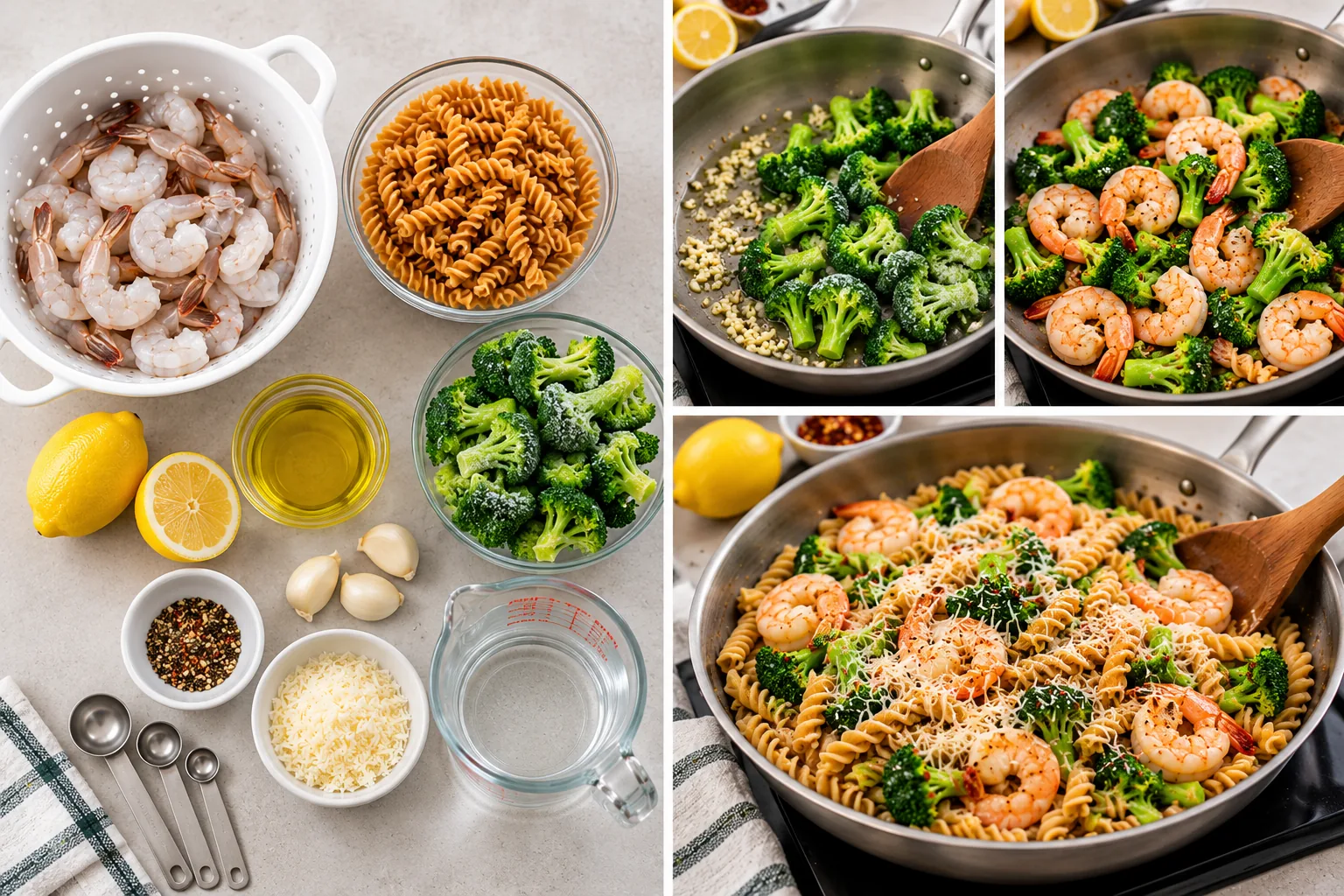 Stages of the recipe: the ingredients laid out; garlic and broccoli in the skillet; shrimp added and turning pink; the finished pasta tossed together with parmesan
