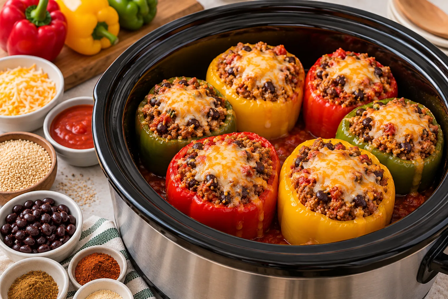 Six stuffed bell peppers standing in a slow cooker, filled with ground beef, quinoa, and black beans and topped with melted cheese