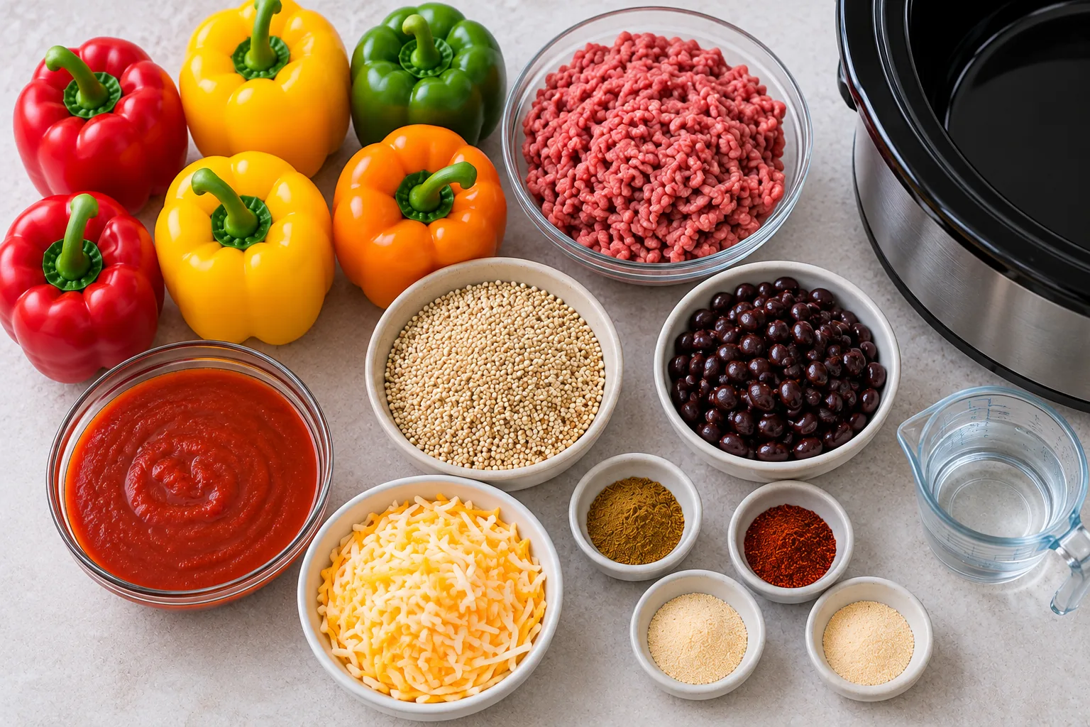 Ingredients for the recipe: six bell peppers, raw lean ground beef, uncooked quinoa, black beans, red enchilada sauce, shredded cheese, four small bowls of ground spices, a measuring cup of water, and a slow cooker