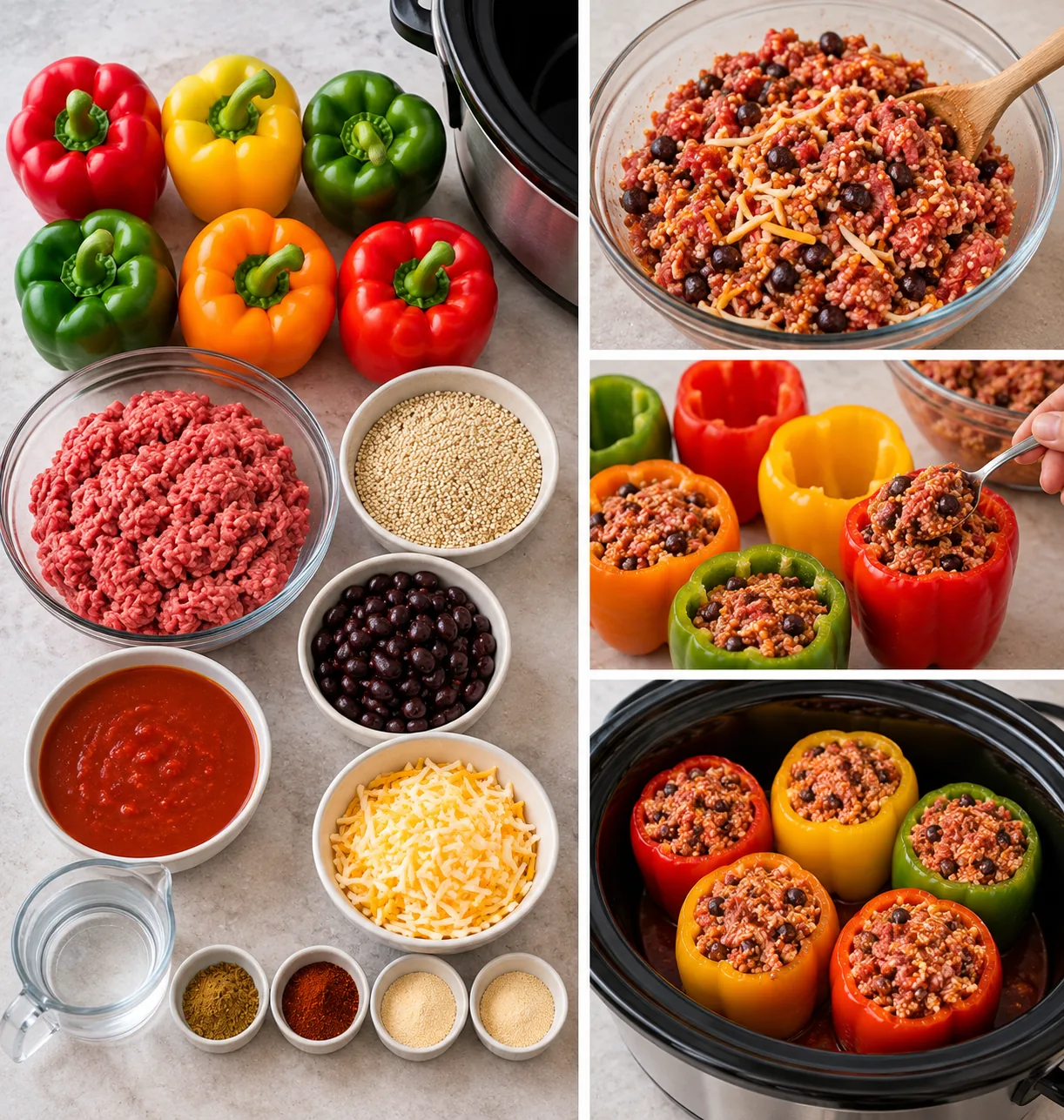 Stages of the recipe: the ingredients laid out; the raw filling mixed in a bowl; peppers being filled with a spoon; the filled peppers standing in the slow cooker before cooking