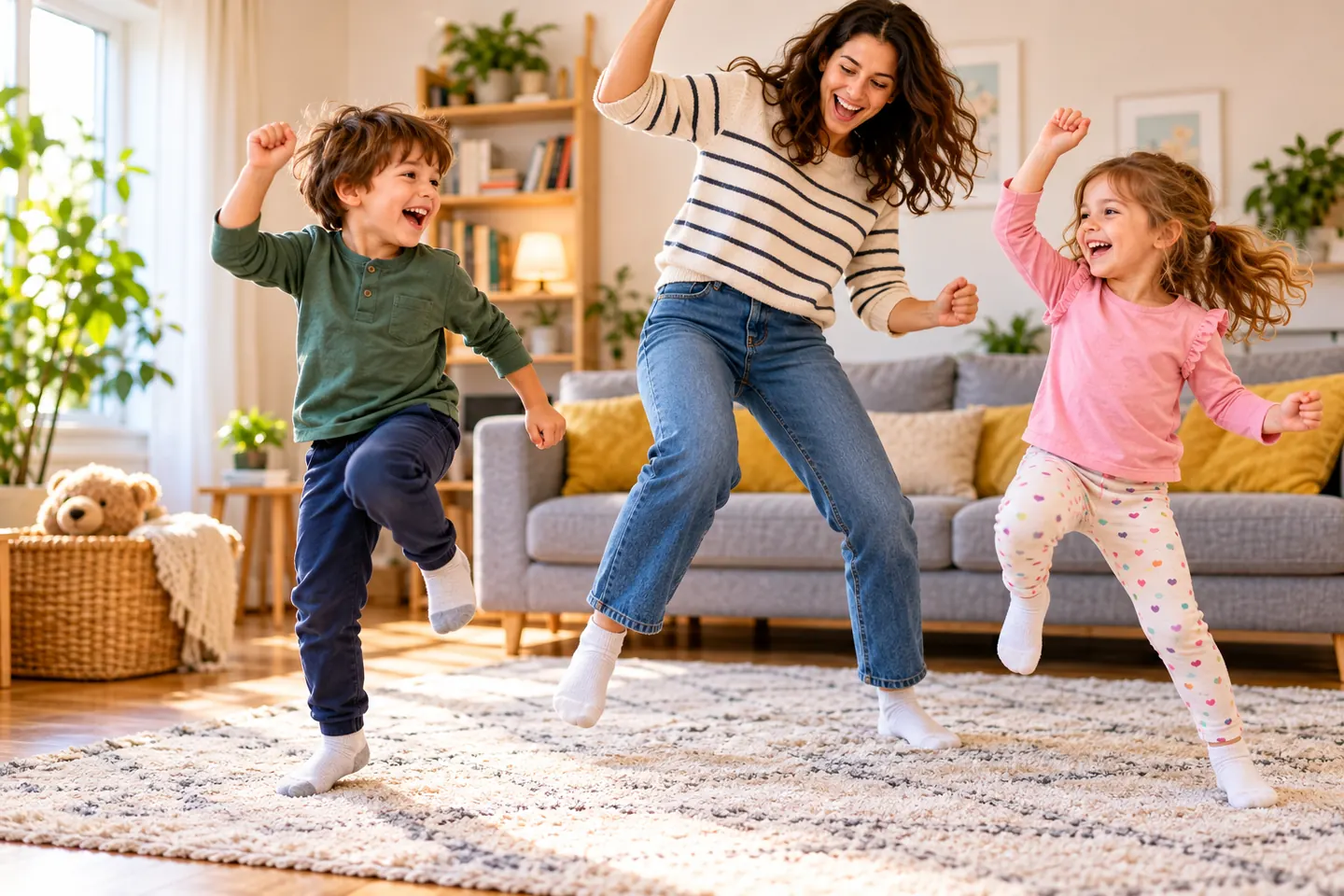 A mother and two young children dancing together on a living room rug during an indoor freeze dance game