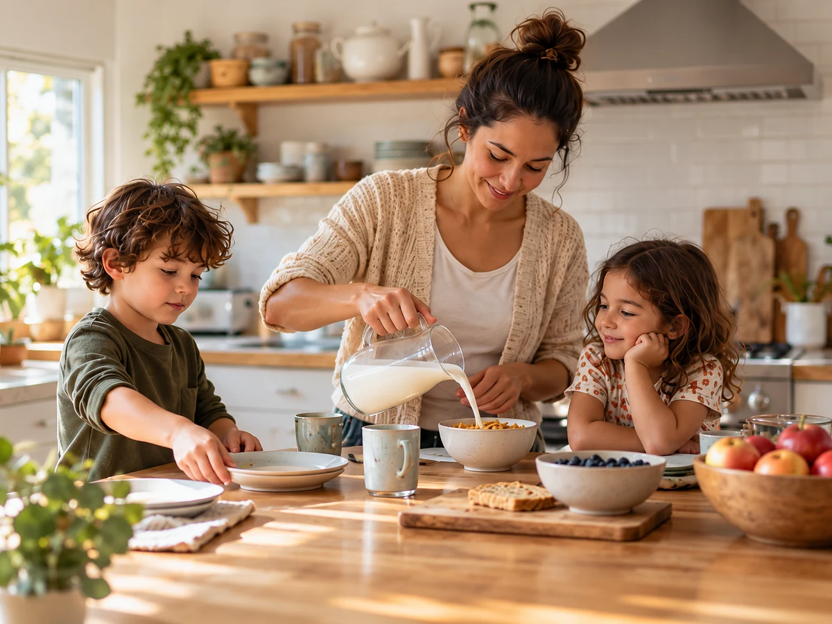A mother pours milk into a cereal bowl at a sunny kitchen counter while her son sets out plates and her daughter watches.