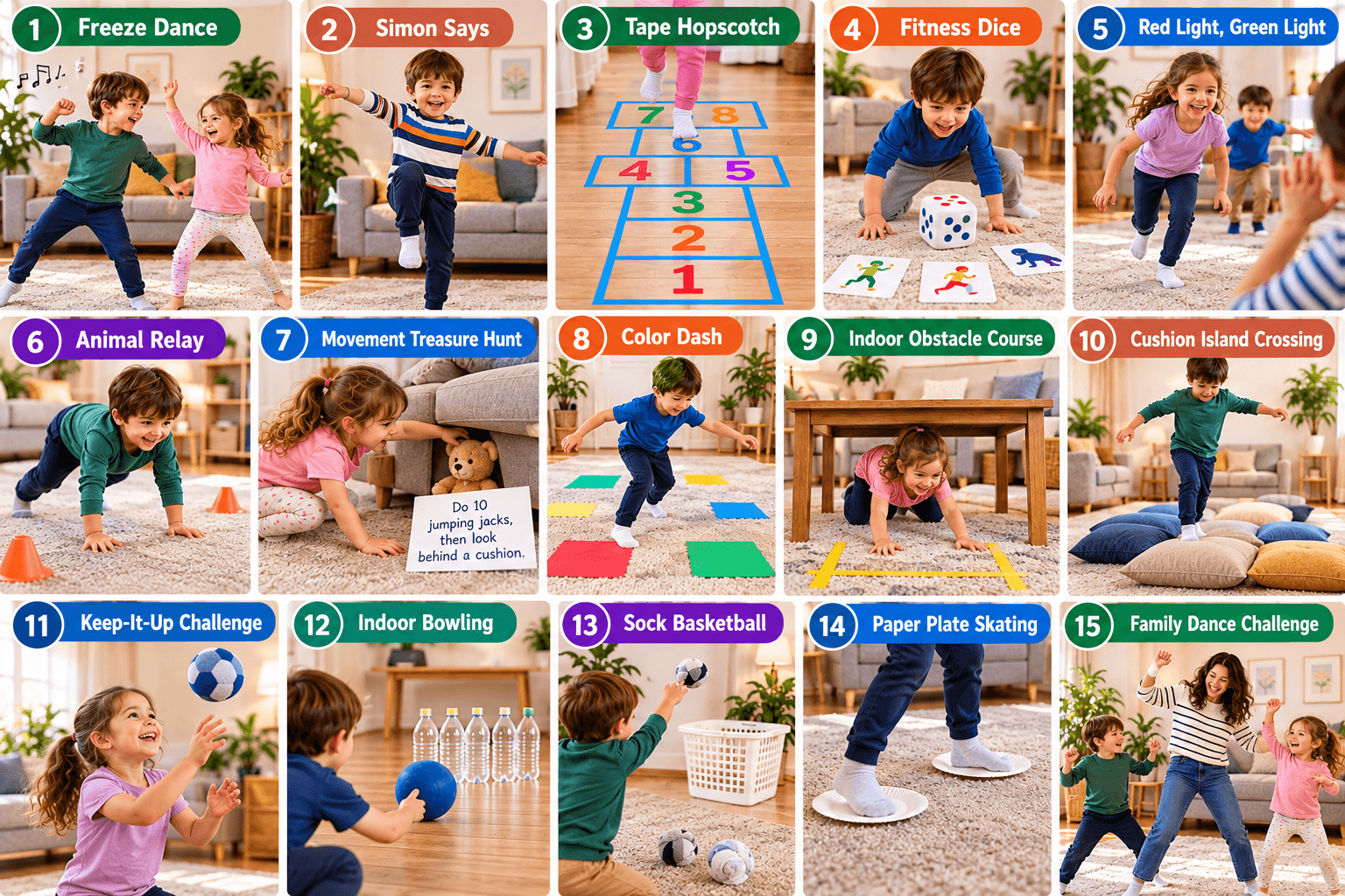 Visual guide to 15 active indoor games for kids, including freeze dance, Simon Says, tape hopscotch, fitness dice, red light green light, animal relay, a movement treasure hunt, color dash, an obstacle course under a table, cushion island crossing, keep-it-up with a soft ball, bottle bowling, sock basketball, paper plate skating, and a family dance challenge