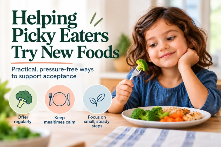 Young girl at a dining table holding a fork with a cooked broccoli floret, beside a plate of broccoli, carrots, rice, and chicken