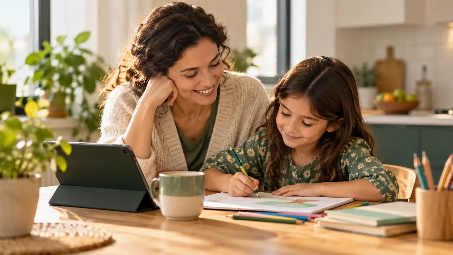 Mother and daughter drawing together at the kitchen table, with a closed tablet set aside