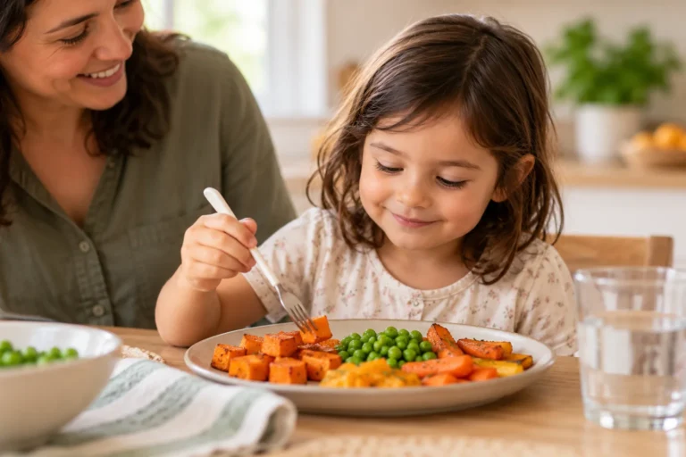 Child using a fork to pick up a roasted vegetable at a calm family meal