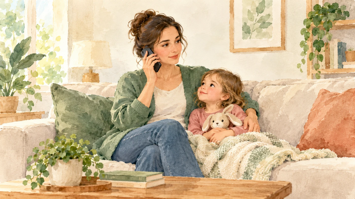 Mother on the phone with her child's pediatrician while her young daughter rests beside her on the sofa, cozy home watercolor illustration